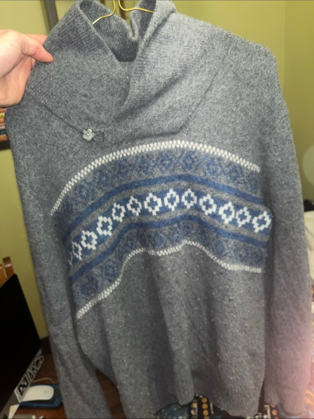 Men's Gray Fair Isle Wool Sweater with Blue Accent